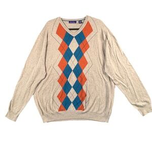 Alan Flusser Preppy Argyle V Neck Sweater Men XXL Old Money Academia Argyle Knit